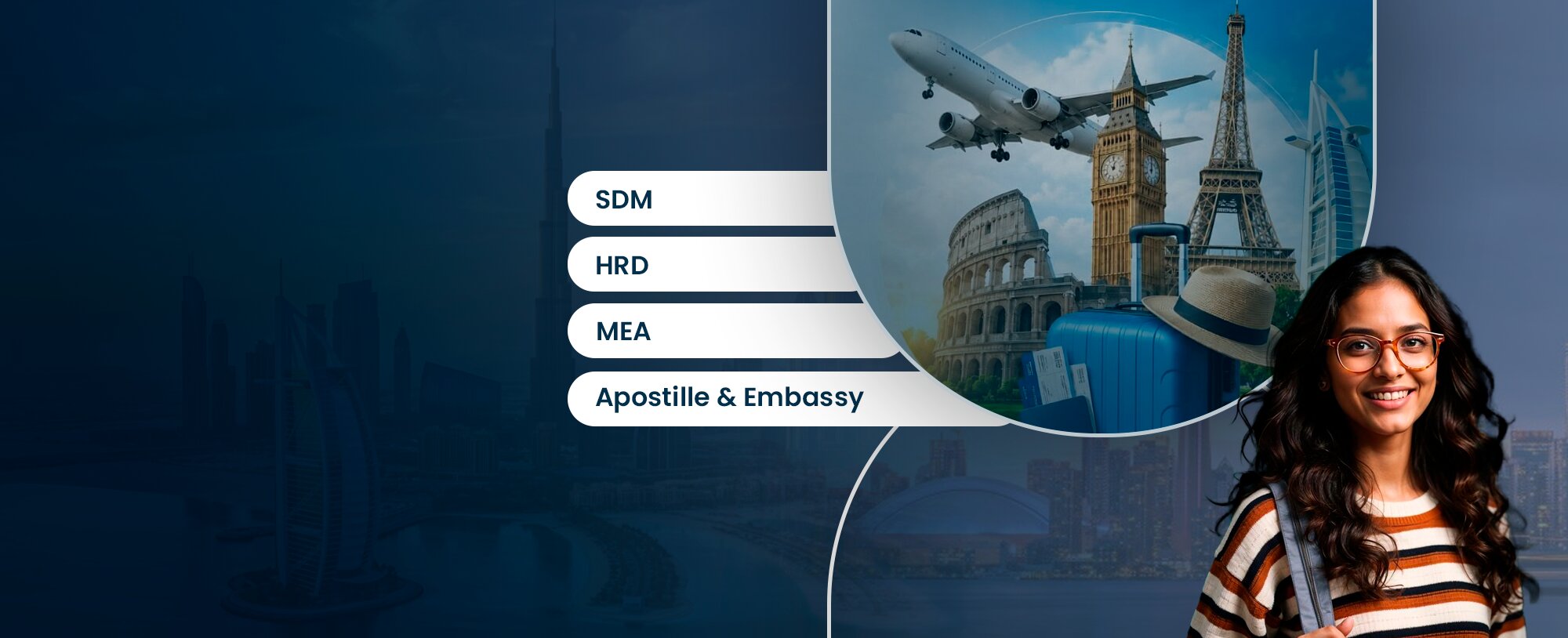 Flight, London and Rome landmarks with a student traveller and her luggage — SDM, HRD, MEA, apostille and embassy attestation