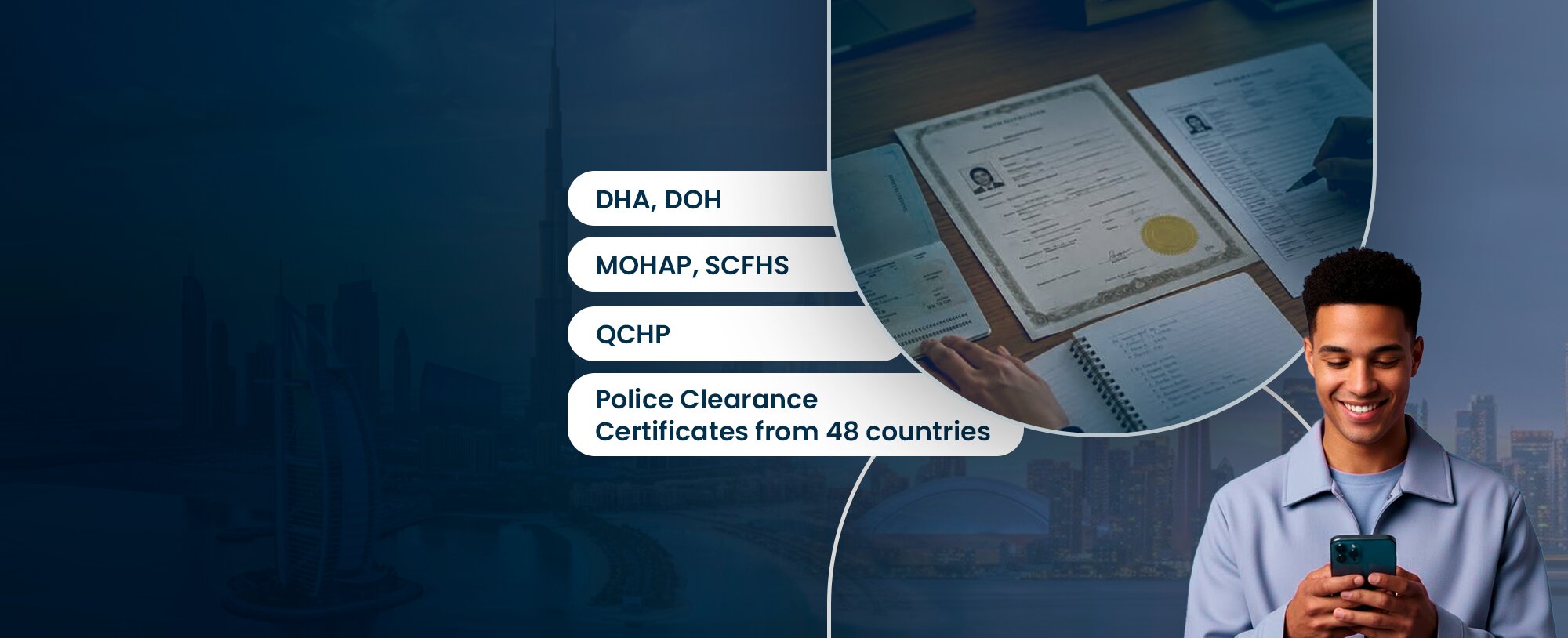 Notarised certificate and passport on a desk with a professional checking messages — DHA, DOH, MOHAP, SCFHS, QCHP and police clearance certificates from 48 countries