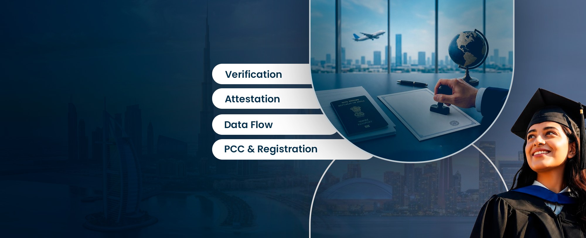 Passport, globe and boarding pass on a desk seen through an airport window, with a graduate holding her certificates — verification, attestation, DataFlow and PCC services